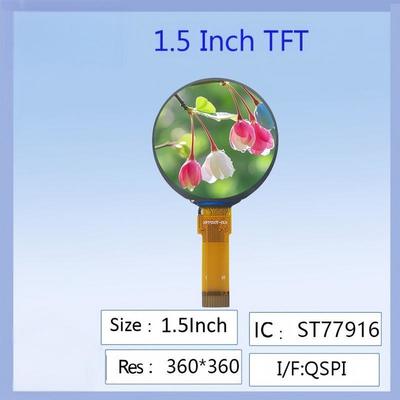 1.5 inch rondkleurig TFT-LCD-scherm 360x360 Resolutie ST77916 Driver IC High Definition Wide Viewing Angle Voor slimme draagbare apparaten / DIY-elektronicaprojecten / industriële instrumentenpanelen