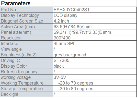 4.2 Inch MONO LCD Display with 300 x 400 Resolution and 4 Lane SPI Interface for Household Appliances